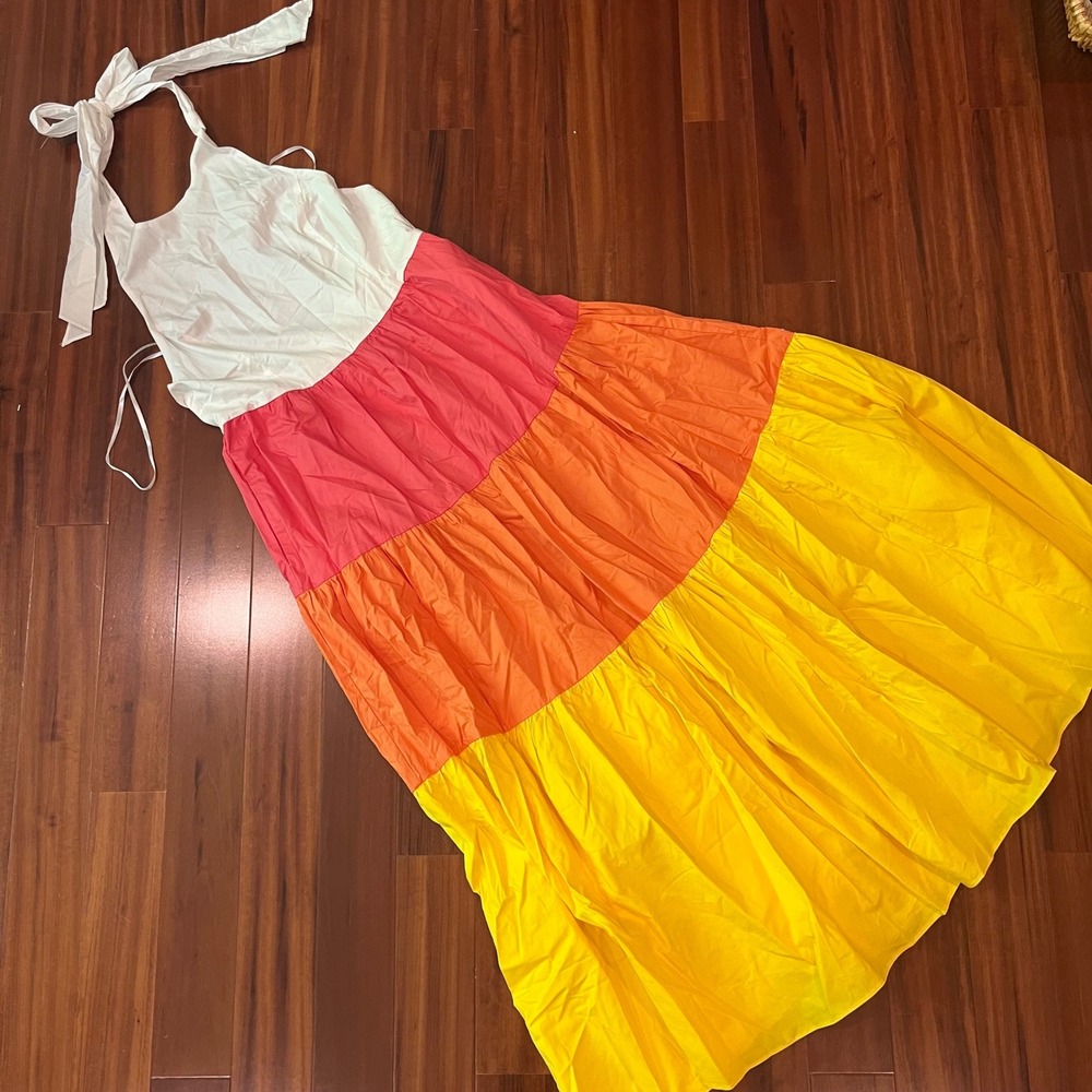 DO+BE Cotton Maxi Dress Colorblock Tier White Pink Orange Yellow Halter New L
